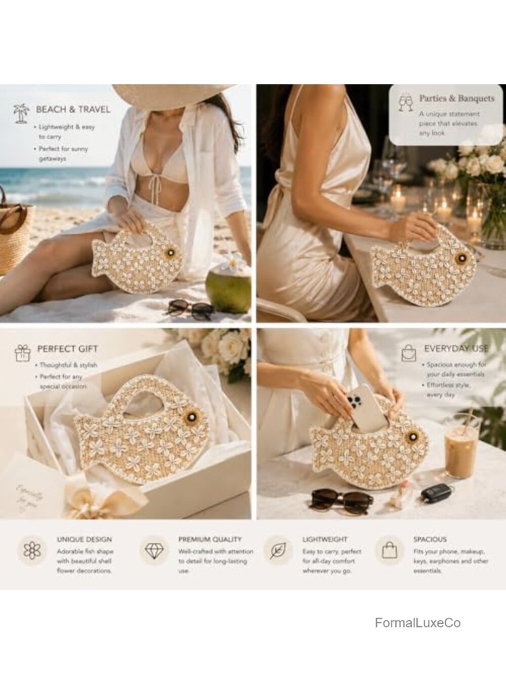 Woven Straw Fish Shaped Clutch Handbag Women Summer Beach Mini Novelty Tote - Picture 5 of 6